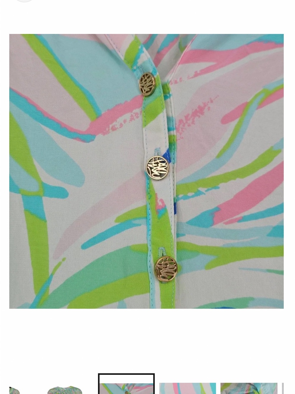 Lilly Pulitzer Elsa Silk Tunic Med Pink Blue Abstract Palm Smocked Button Resort - Picture 4 of 8